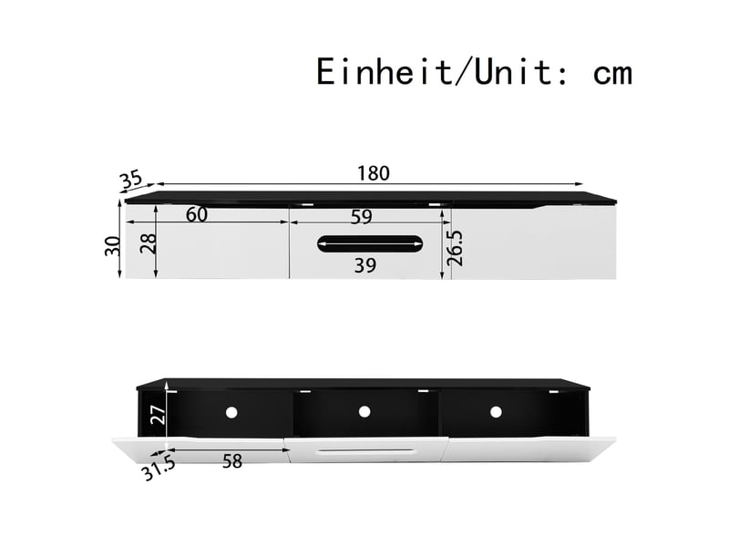  Meuble tv noir et blanc 180 cm, led 16 couleurs, mural ou à poser, finition brillante  - Conforama C