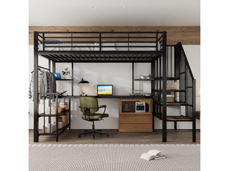 Lit mezzanine 120 x 200 cm, ports usb, barre de penderie, étagères de rangement, escalier, pour la chambre, métal et mdf, noir et noyer foncé ABC - Conforama D
