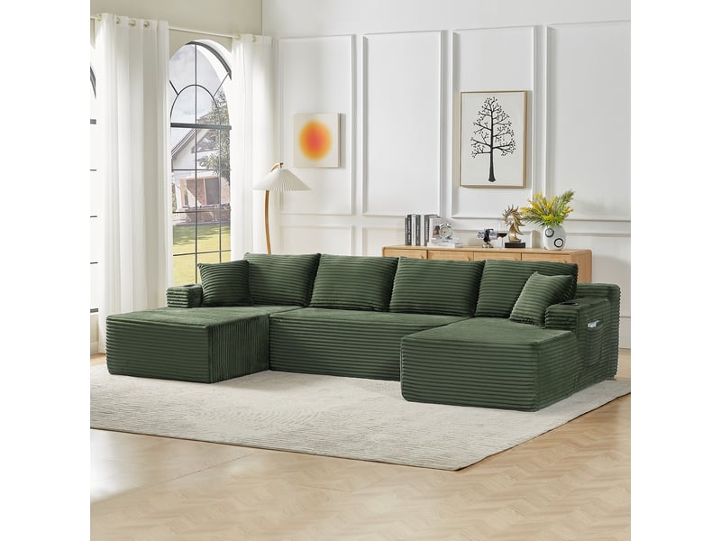 Canapé d'angle modulable en u canapé nuage 4 places canapé compressé en velours côtelé avec porte-gobelets poches, vert - Conforama C