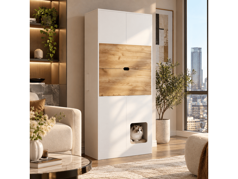  Secrétaire 80x40x180cm avec bureau rabattable, rangements pour dossiers, éclairage LED, niche pour animal et griffoir, finition blanc vieilli  - Conforama B