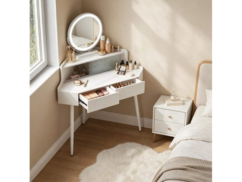  Coiffeuse d'angle 63 x 99 x 139 cm blanche en mdf, miroir rond éclairé réglable, rangements intégrés  - Conforama D