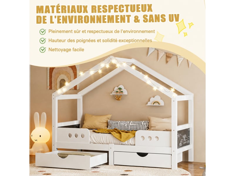  Lit cabane enfant avec 2 grands tiroirs et tableau intégré, bois et mdf, blanc, couchage 90 × 200 cm  - Conforama E