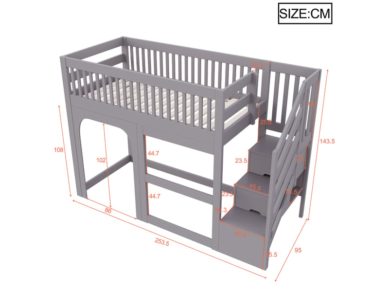 Lit mezzanine enfant 90 × 200 cm 1 place avec escalier de rangement, led et barrières, sans matelas, gris - Conforama D