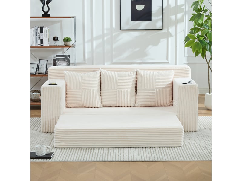  Canapé trois places avec porte-gobelets et poches latérales, design sans cadre, larges assises - beige  - Conforama E