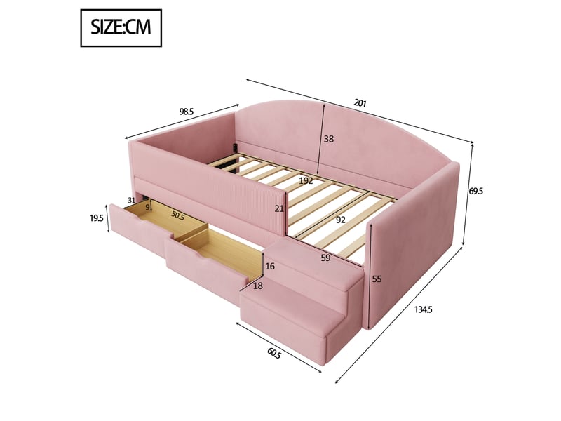  Modenvie lit enfant 90x190 cm - avec 2 tiroirs, marches antiderapantes, sans matelas - rose  - Conforama C