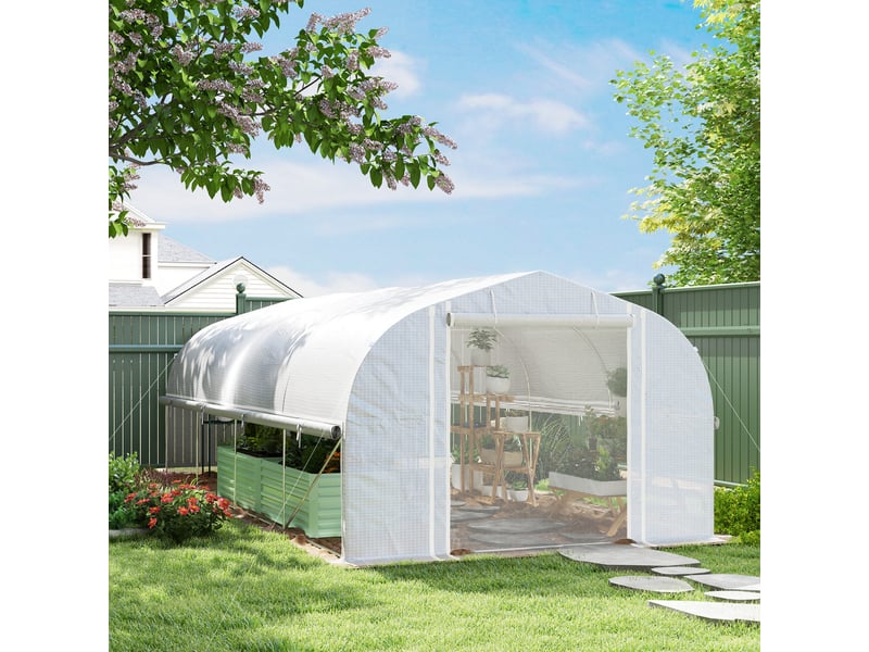  Serre de plain-pied de 6 x 3 x 2 m, 8 fenêtres, porte, moustiquaires, structure métallique, blanche  - Conforama C