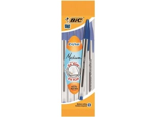 Stylo bille cristal bleu encre bleue pointe moyenne 1 mm corps hexagonal transparent lot de 5