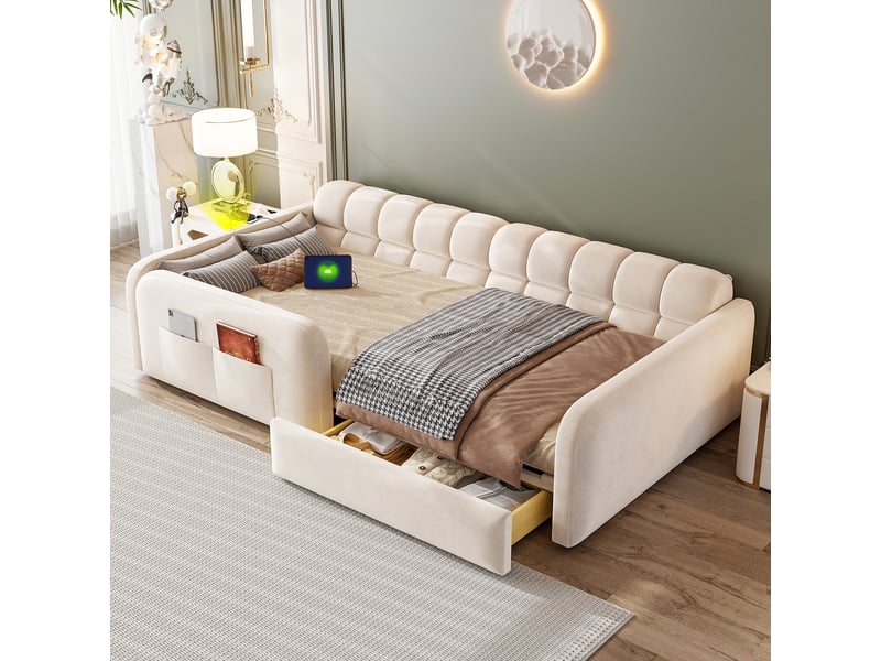  Lit enfant 90x200 cm beige en velours avec tête de lit sofa, veilleuse, usb-c, tiroir et barrières  - Conforama B