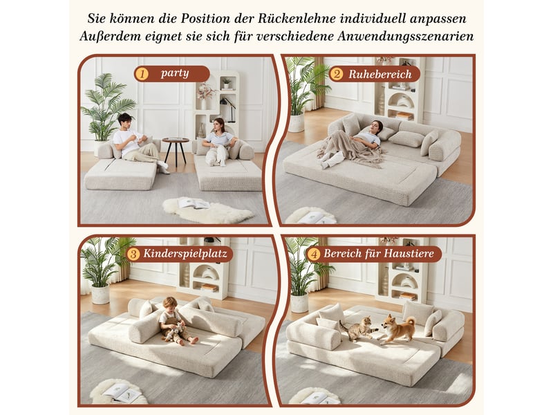  Canapé convertible 4-en-1 en tissu chenille beige, 4 configurations, sans montage, 4 coussins inclus, design modulable  - Conforama D