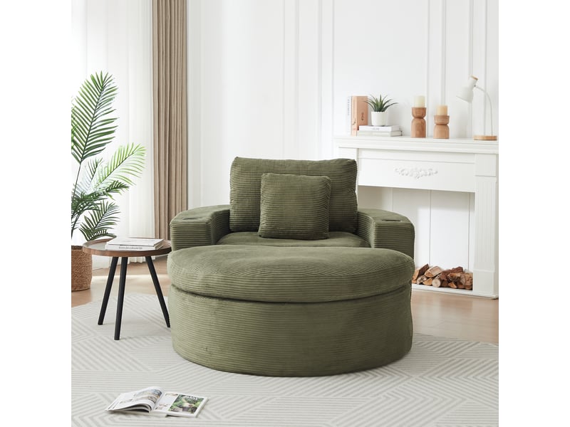  Fauteuil lounge xxl 156 x 136 x 88 cm avec pouf, rangement, porte-gobelet et double coussin, velours côtelé, mousse et ressorts, vert OMNIGLINT TRADING LTD - Conforama C