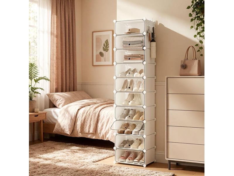  Meuble à chaussures modulable avec 10 compartiments fermés, anti-basculement, pour entrée, blanc, 40 × 30 × 170 cm  - Conforama C