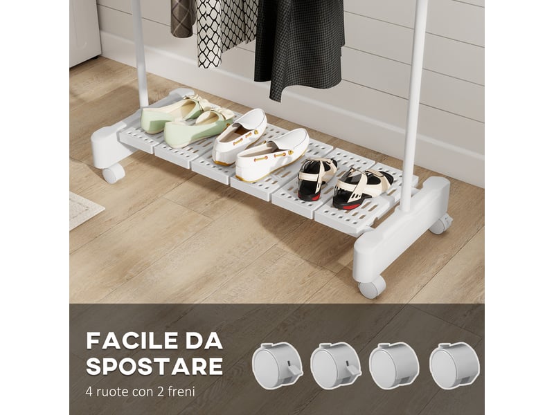 Étendoir à linge extensible avec roulettes et frein, étagère à chaussures et structure en acier inoxydable, blanc  - Conforama E