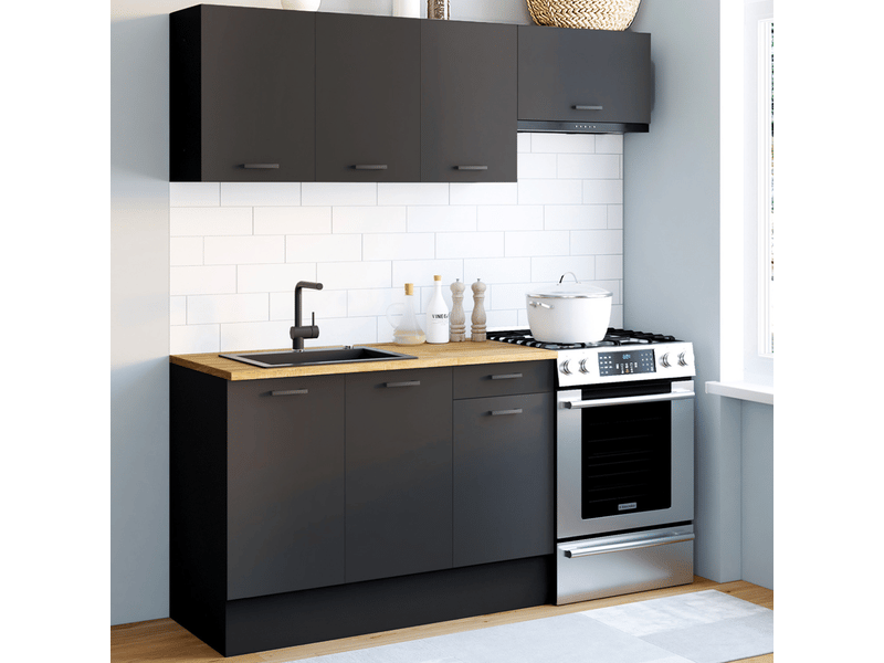 Cuisine complète 180 cm subtil avec plan de travail 5 éléments noir et plateaux bois  - Conforama B