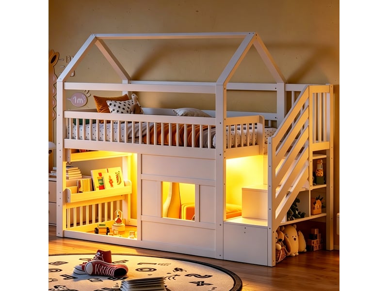  Lit mezzanine enfant 90x200 cm style cabane en pin et mdf blanc, avec escalier à 2 rangements, fenêtre et éclairage led multicolore Fay Lum - Conforama B