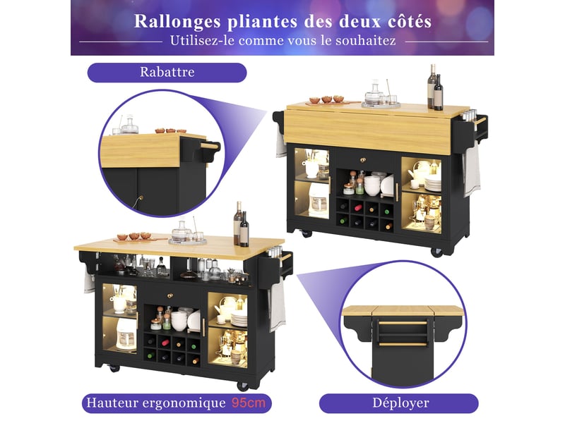 Îlot central de cuisine extensible noir 2 étagères réglable roulettes led casier à vin verre coins arrondis mdf cuisine moderne - Conforama D