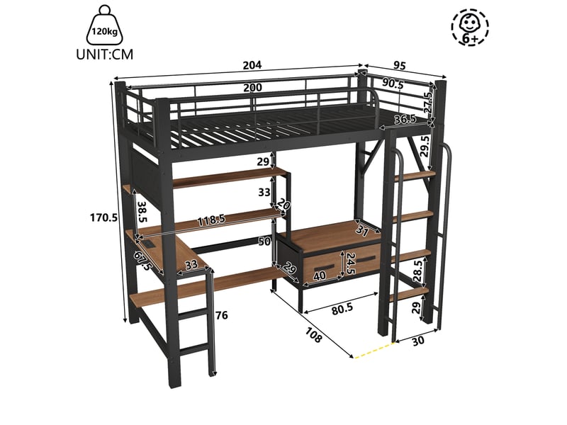 Lit mezzanine 90 × 200 cm avec bureau, étagères, tiroirs en tissu, led, usb et rangements pour chambre d’enfant - Conforama C