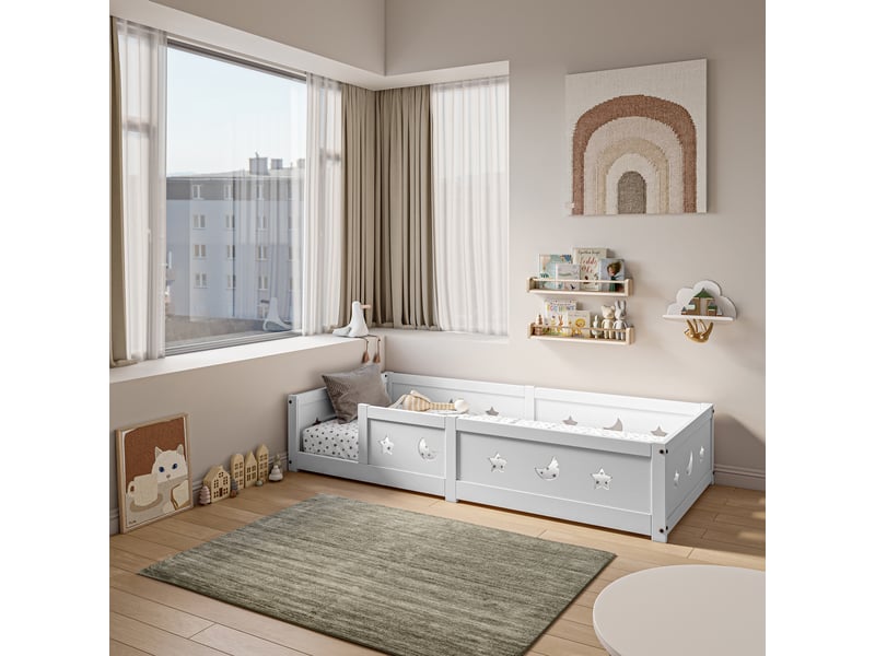  Lit enfant 90x200 cm avec barrières de sécurité et sommier à lattes - pin massif - blanc  - Conforama E