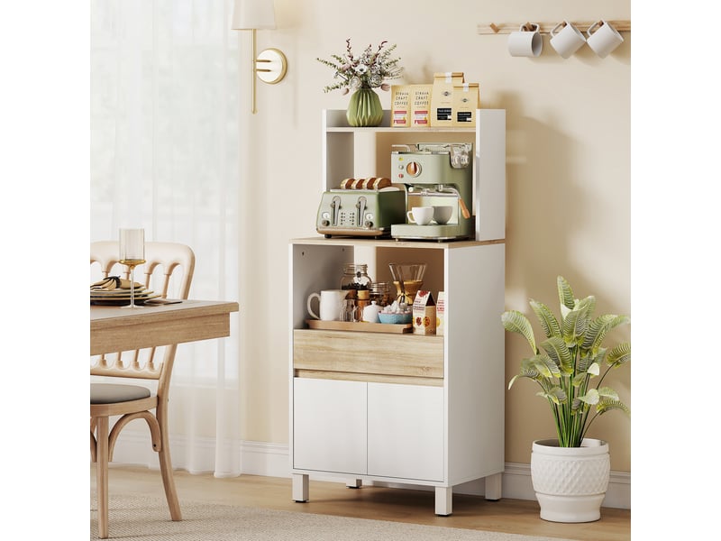  Meuble micro onde, 60 x 40 x 131 cm chêne et blanc, buffet cuisine avec placard tiroir étagère supérieur  - Conforama D