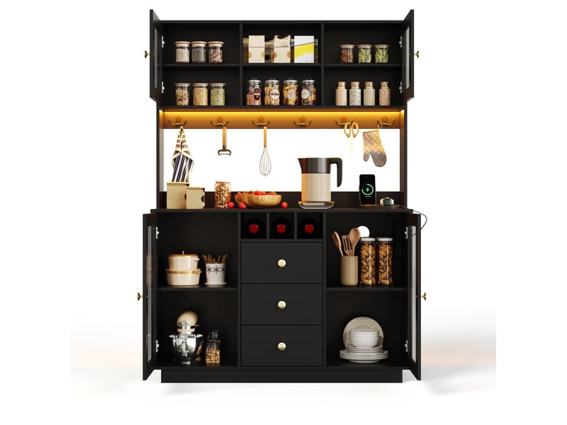 Buffet de cuisine haut avec 4 portes, 3 tiroirs, led rgb et prises pour cuisine en mdf noir 120 × 40 × 170 cm - Conforama A