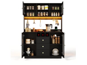 Buffet de cuisine haut avec 4 portes, 3 tiroirs, led rgb et prises pour cuisine en mdf noir 120 × 40 × 170 cm