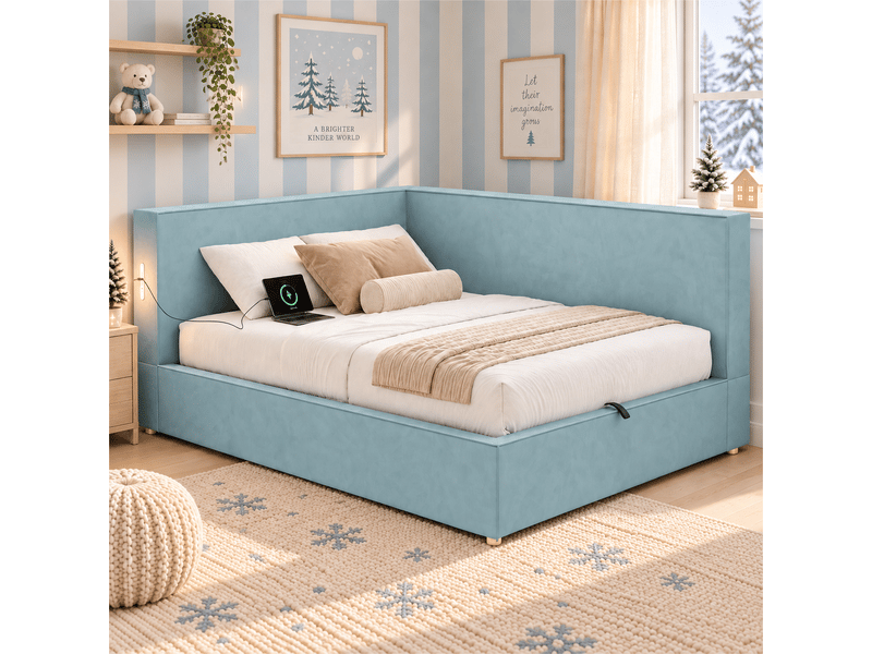 Lit banquette rembourrée 90 x 200 cm, rangement, sommier à lattes, éclairage led, ports usbtype-c, pour enfant et adolescent, chenille, bleu Bliss Lite - Conforama B