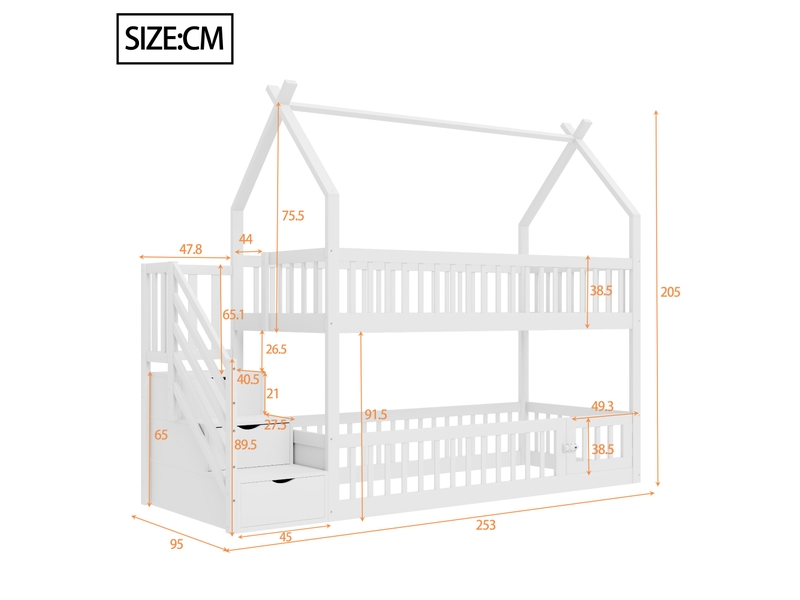  Lit étage enfant 90x200 cm, cadre en bois massif avec toit, escalier de rangement et tiroirs, coloris blanc  - Conforama B