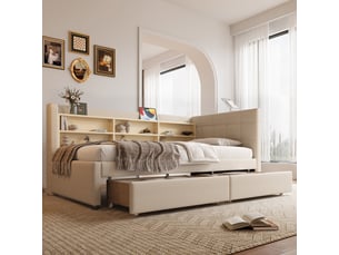Lit banquette 90 × 200 cm 1 place avec 2 tiroirs, usb, port c et étagères, sans matelas, en lin beige