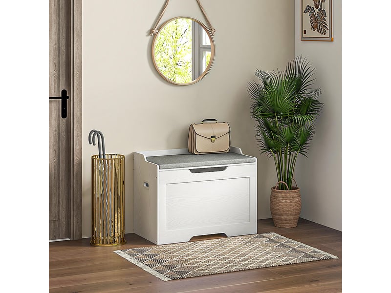  Coffre de rangement de 103 litres, banc de rangement avec charnière de sécurité, coussin d'assise, pour différentes pièces, blanc  - Conforama C
