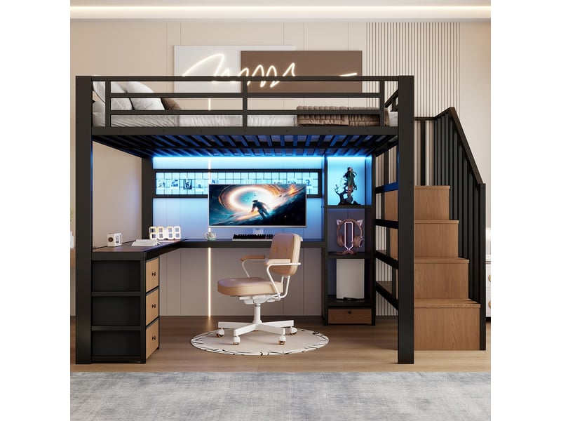  Lit mezzanine fer 140x200 cm noir étagère 4 tiroirs grille suspendre led bureau escalier rangement sans matelas  - Conforama B