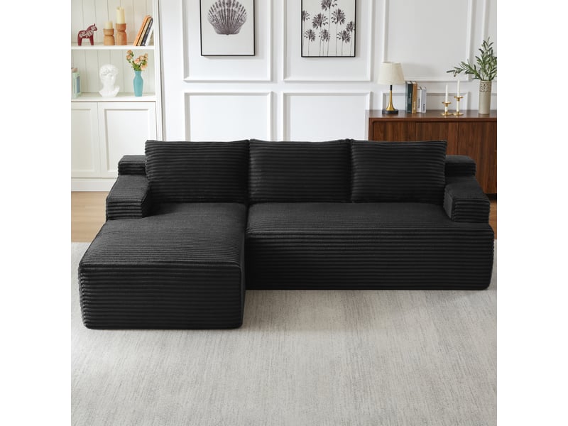  Canapé d'angle convertible modulaire 4 places, assise profonde et sans montage, en velours côtelé noir  - Conforama B