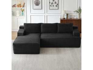 Canapé d'angle convertible modulaire 4 places, assise profonde et sans montage, en velours côtelé noir