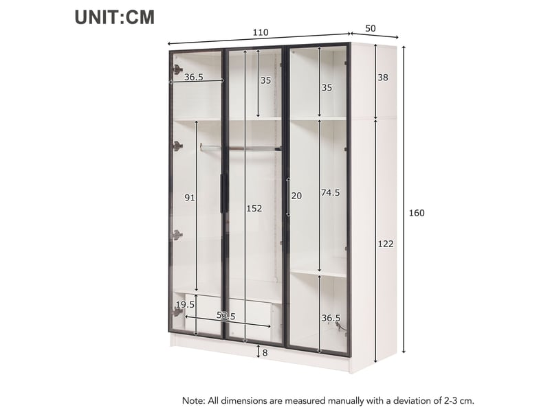  Armoire de rangement avec 3 portes vitrées, 1 tiroir, 1 tringle et led pour chambre et dressing, 110 × 50 × 160 cm  - Conforama D