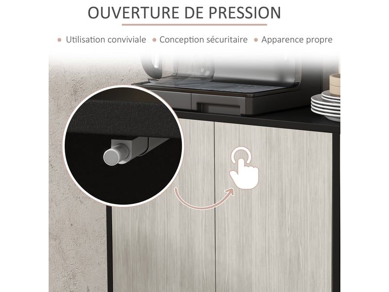  Buffet de cuisine meuble de rangement 2 placards avec étagères réglables, noir et aspect bois gris, 121 x 37 x 75 cm  - Conforama R