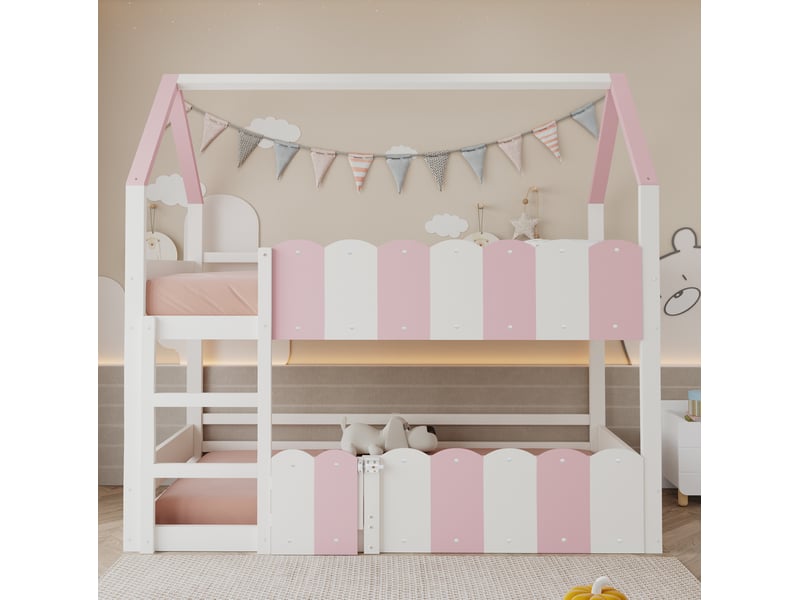 Lit superposé enfant 90 x 200 cm maison, sommier à lattes supérieur rose et blanc - Conforama D