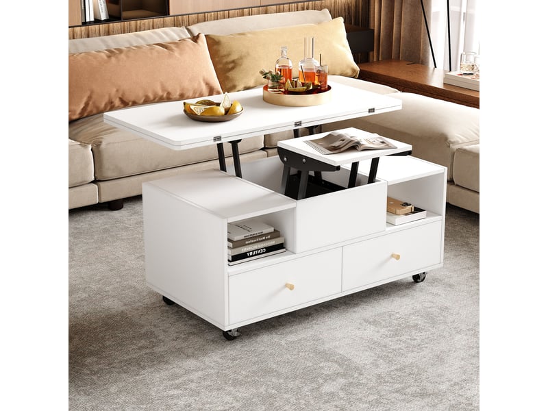  Table basse relevable et extensible blanche avec 4 tiroirs, 100x50x47.5 cm, transformable en table à manger  - Conforama C