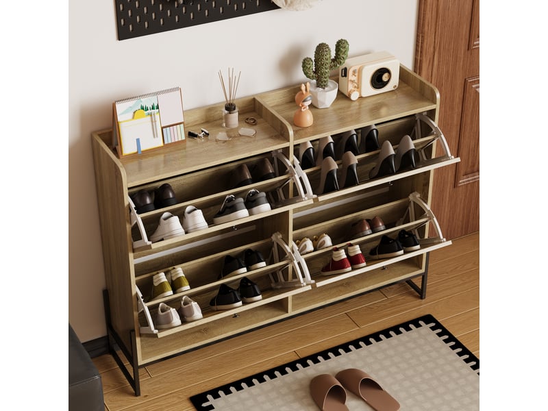  Meuble à chaussures 16 paires l121xp25xh91.5cm | 4 portes abattantes effet cannage rotin | pieds dorés bords sécurisés - naturel DreamMespace - Conforama D