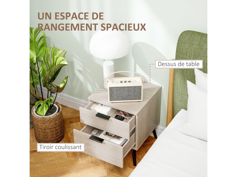  Lot de 2 tables de chevet table de nuit style nordique moderne avec tiroir à deux niveaux chêne 40 x 40 x 50 cm  - Conforama E