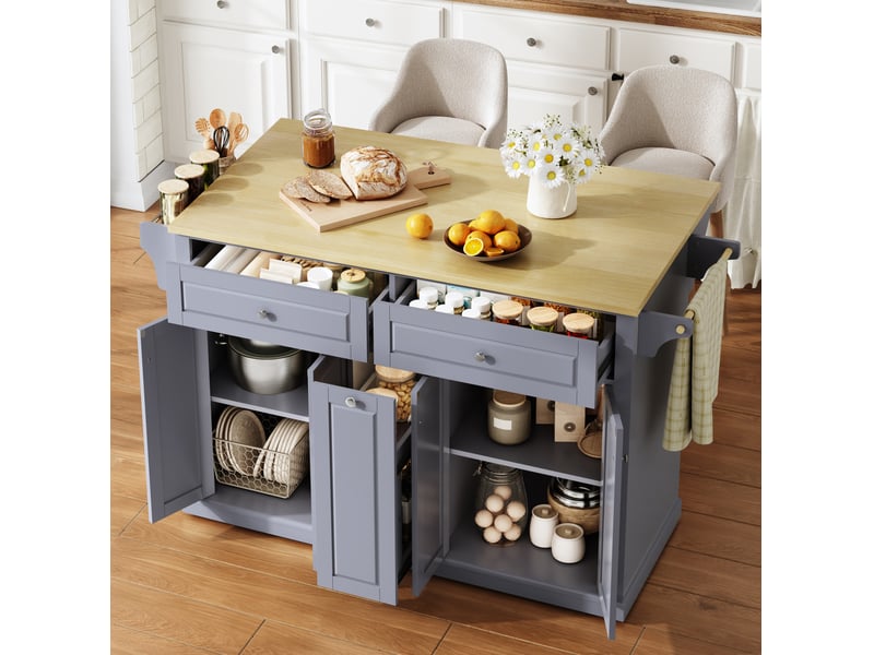 Desserte de cuisine 121 x 69 x 89 cm avec plateau rabattable, 2 grands tiroirs, roulettes verrouillables - Conforama B