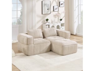 Canapé d'angle modulaire 2 places avec pouf, assise profonde et base antidérapante en polyester beige
