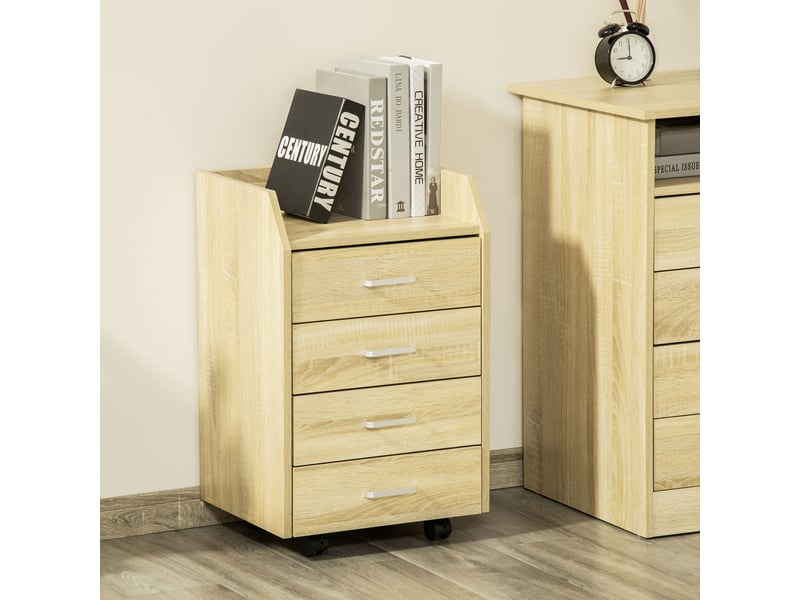  Caisson de bureau rangement sur roulettes 4 tiroirs coulissants mdf et panneaux de particules bois naturel dim. 40l x 36l x 65h cm  - Conforama W