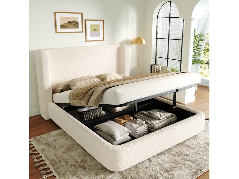 Lit coffre modenvie 140 x 190 cm avec sommier à lattes, tête de lit bouclette beige - Conforama B