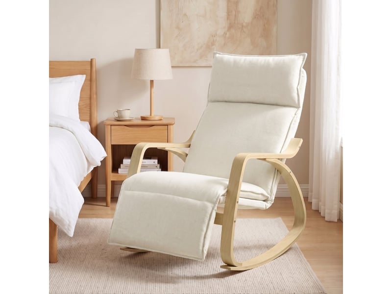  Fauteuil à bascule blanc crème avec repose-pieds réglable 5 positions et revêtement aspect lin  - Conforama D