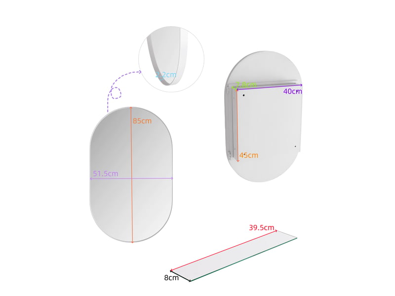  Armoire miroir murale ovale blanche, cadre métal, étagères réglables, encastrable  - Conforama C