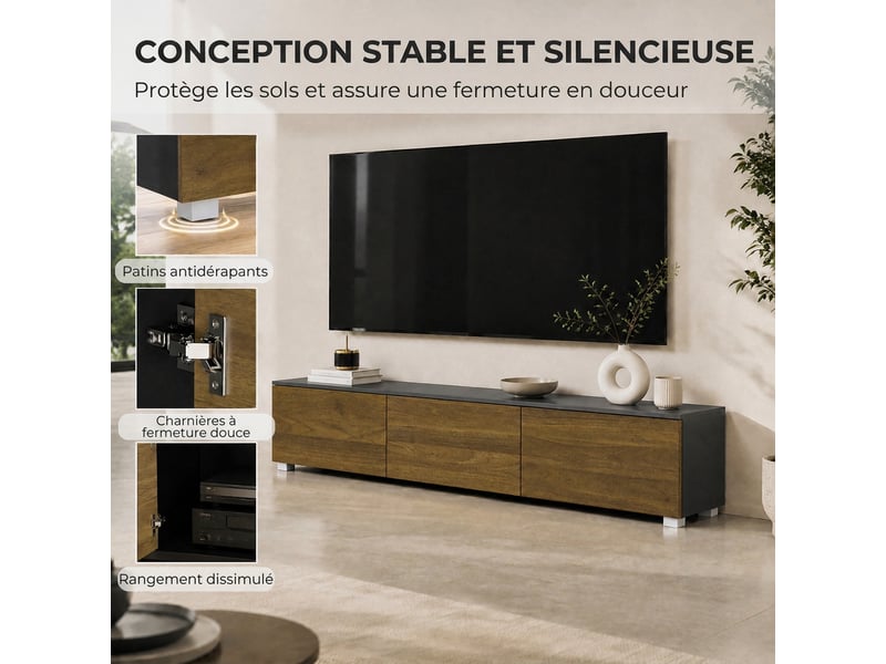  Meuble tv suspendu ou sur pied 160 cm pour téléviseur 65 pouces, porte à fermeture, noyer, passe-câbles  - Conforama A