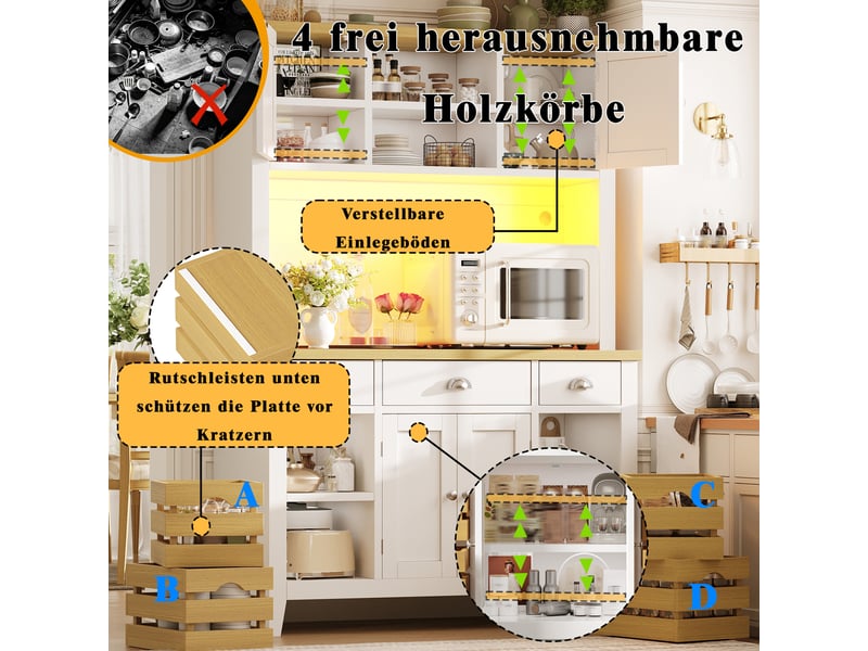  Armoire haute de cuisine led rgb 4 paniers blanc et effet bois 120x40x188 cm  - Conforama D