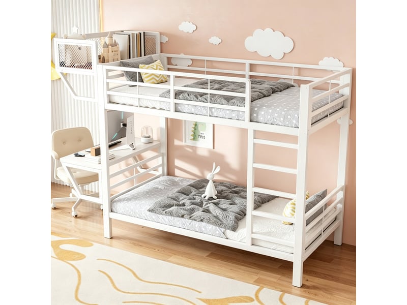  Lit superposé 90x200cm, avec bureau et étagères, sommier à lattes, pour enfants, ado et adultes, blanc  - Conforama D