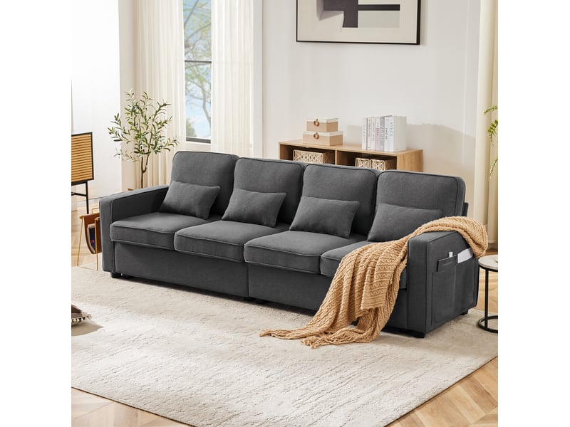  Canapé droit 4 places 264x83x87 cm, poches de rangement, bois et métal, couleur gris foncé, design moderne  - Conforama D