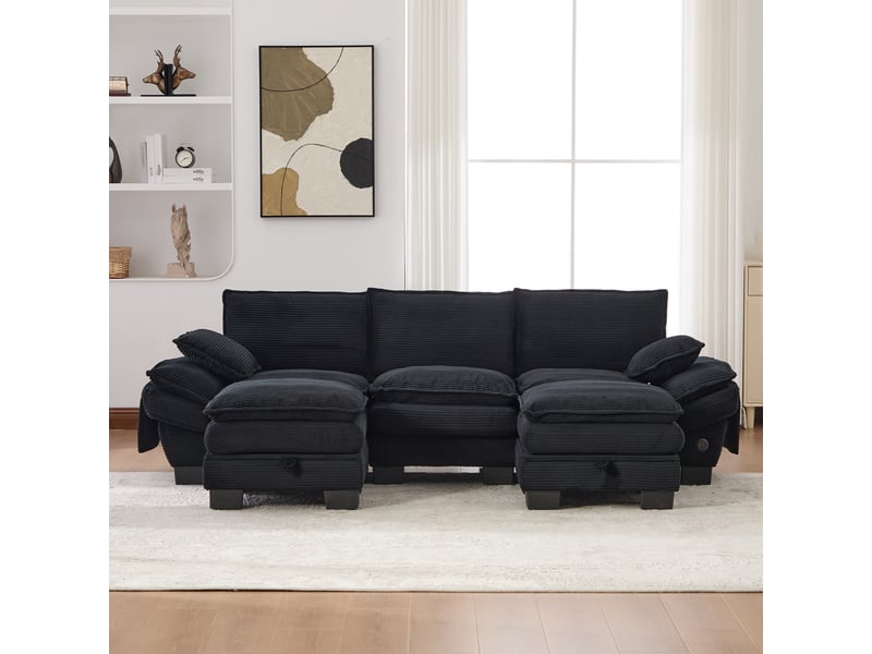 Canapé modulaire 3 places en velours côtelé - avec 2 poufs - noir - port usb-c intégré 260x132x84cm - Conforama E