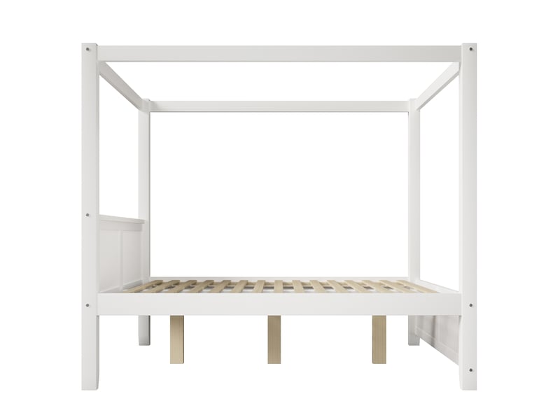  Lit à baldaquin 140x200 cm blanc en bois et mdf, cadre de toit ouvert et lattes verticales pour chambre  - Conforama E