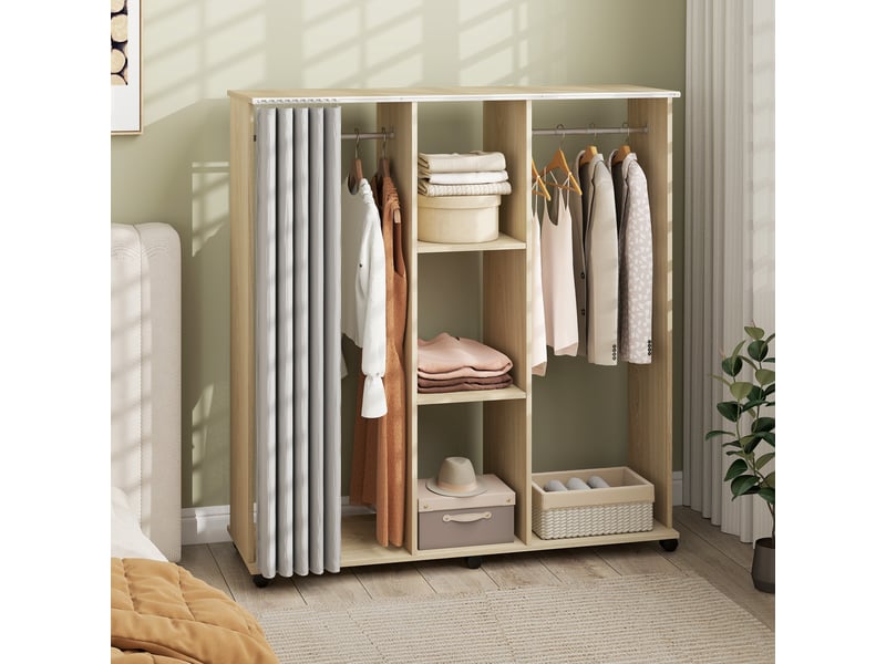  Armoire penderie meuble de rangement mobile 6 roulettes 120l x 40l x 128h cm en bois naturel  - Conforama C